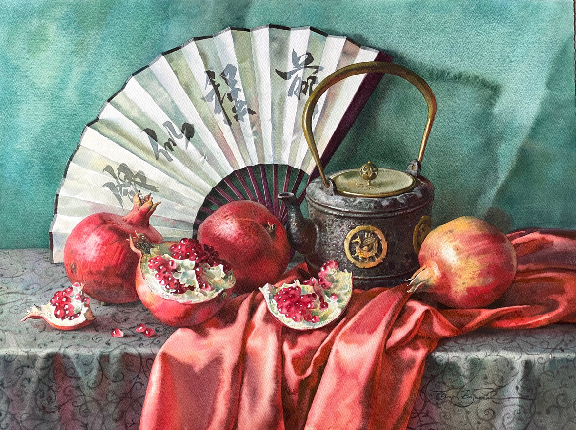 Elena Bazanova Chinese Motif.-Jade and Pomegranate 中國主題之玉和石榴 Watercolor on Paper 紙本水彩56х76cm 2020